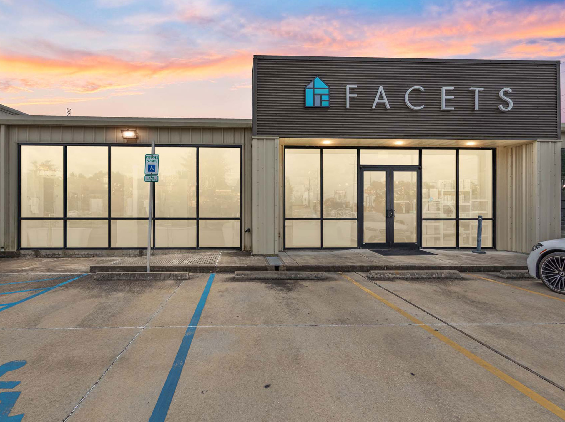 Facets of Lafayette building exterior in the evening